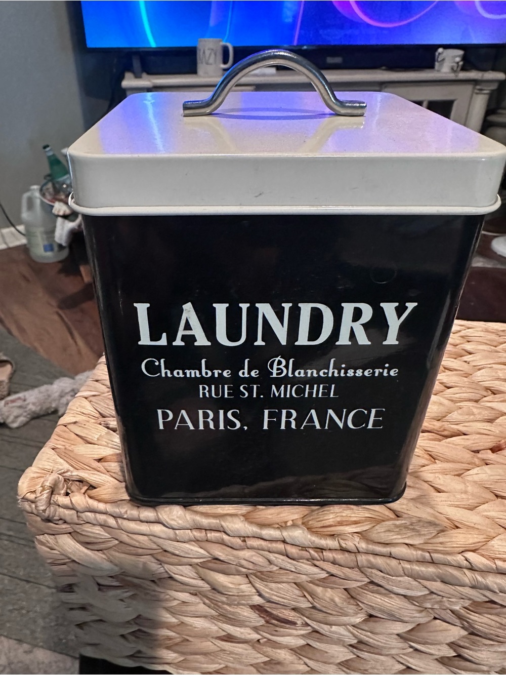 Laundry Tin Canister with White Lid and Black Body